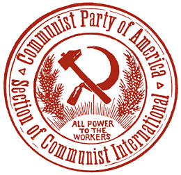 The image is a red-on-white graphic used by the Communist Party of America in 1922. The party name is shaped in a circle around a hammer and sickle framed in the middle above the words "All Power to the Workers."