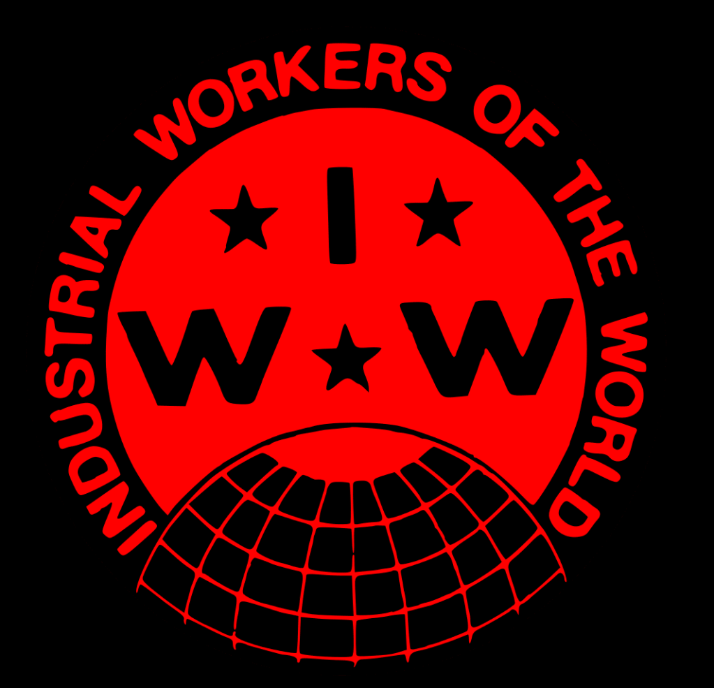The image is the logo of the Industrial Workers of the World, with the letters IWW written above an image of a globe, all colored in red and black.