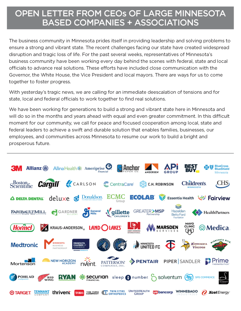 An image of the letter by the MN Chamber of Commerce, which contains the text but also the logos of more than 50 major corporations.